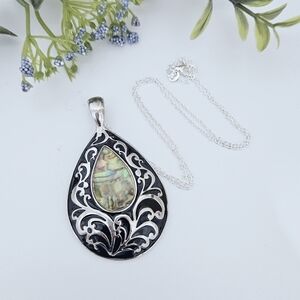 Vintage Abalone Shell Teardrop Floral Sterling Silver Pendant Necklace